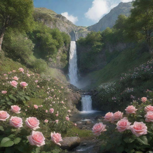 An 8k detailed image of a mountain view, with a lush green woodland floor, blooming roses, and a beautiful waterfall.