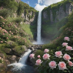 An 8k detailed image of a mountain view, with a lush green woodland floor, blooming roses, and a beautiful waterfall.