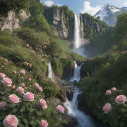 An 8k detailed image of a mountain view, with a lush green woodland floor, blooming roses, and a beautiful waterfall.