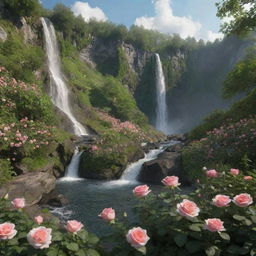 An 8k detailed image of a mountain view, with a lush green woodland floor, blooming roses, and a beautiful waterfall.