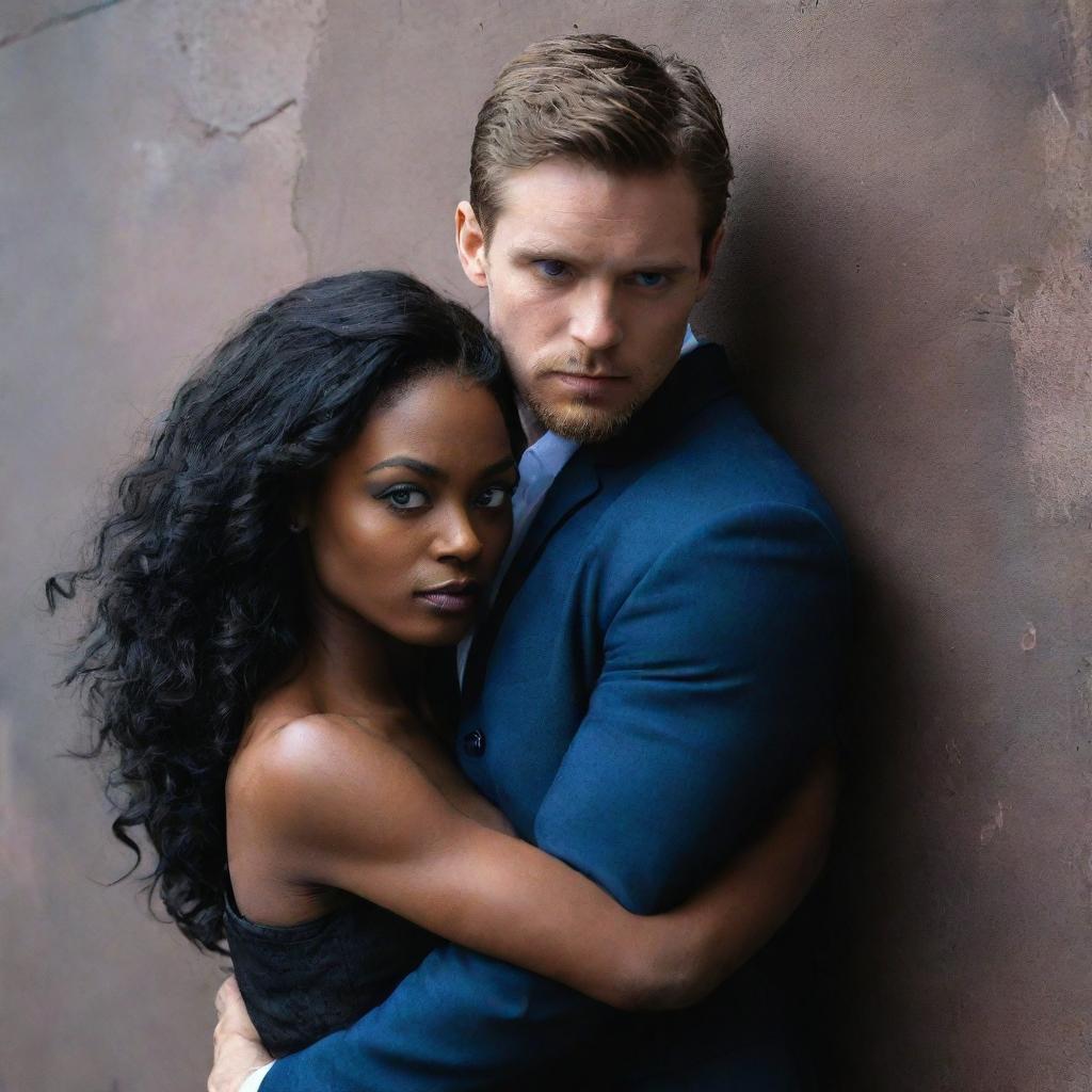 A black woman and a white man with raven-dark hair and blue eyes in a dramatic pose against a wall, embodying the striking aesthetic of a dark romance novel cover.