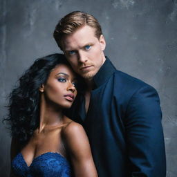 A black woman and a white man with raven-dark hair and blue eyes in a dramatic pose against a wall, embodying the striking aesthetic of a dark romance novel cover.