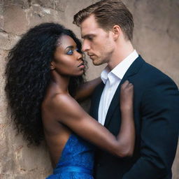 A black woman and a white man with raven-dark hair and blue eyes in a dramatic pose against a wall, embodying the striking aesthetic of a dark romance novel cover.