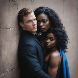 A black woman and a white man with raven-dark hair and blue eyes in a dramatic pose against a wall, embodying the striking aesthetic of a dark romance novel cover.