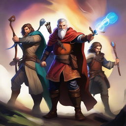 A striking digital art of four characters: an archer with a bow poised, a mage with magical energy swirling around his hands, a dwarf brandishing an axe, and a human warrior with a sword and shield, all standing ready for battle