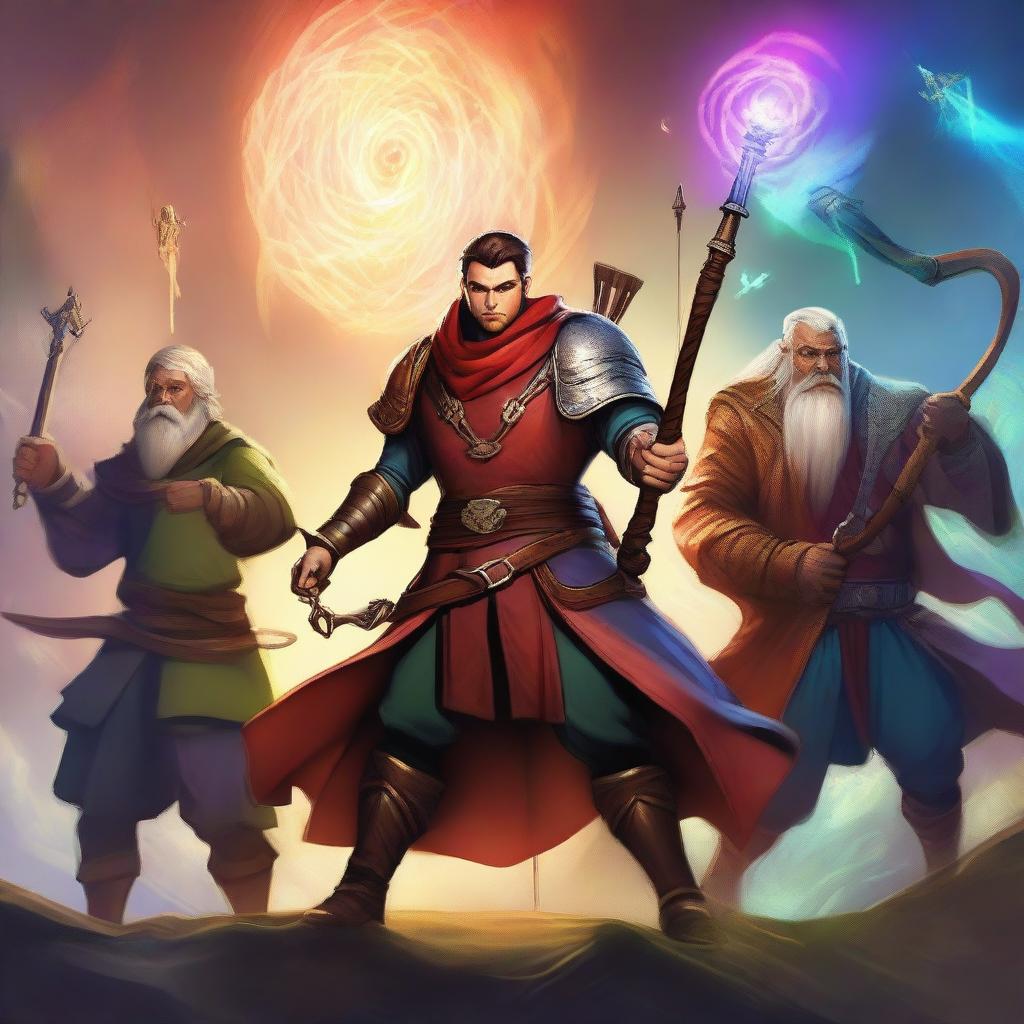 A striking digital art of four characters: an archer with a bow poised, a mage with magical energy swirling around his hands, a dwarf brandishing an axe, and a human warrior with a sword and shield, all standing ready for battle