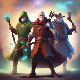 A striking digital art of four characters: an archer with a bow poised, a mage with magical energy swirling around his hands, a dwarf brandishing an axe, and a human warrior with a sword and shield, all standing ready for battle