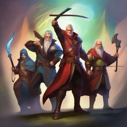 A striking digital art of four characters: an archer with a bow poised, a mage with magical energy swirling around his hands, a dwarf brandishing an axe, and a human warrior with a sword and shield, all standing ready for battle