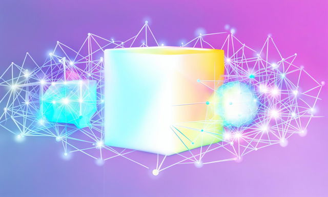 A vibrant digital art piece featuring a 3D pastel-colored cube surrounded by a network of glowing data nodes, symbolizing object-relational mapping.