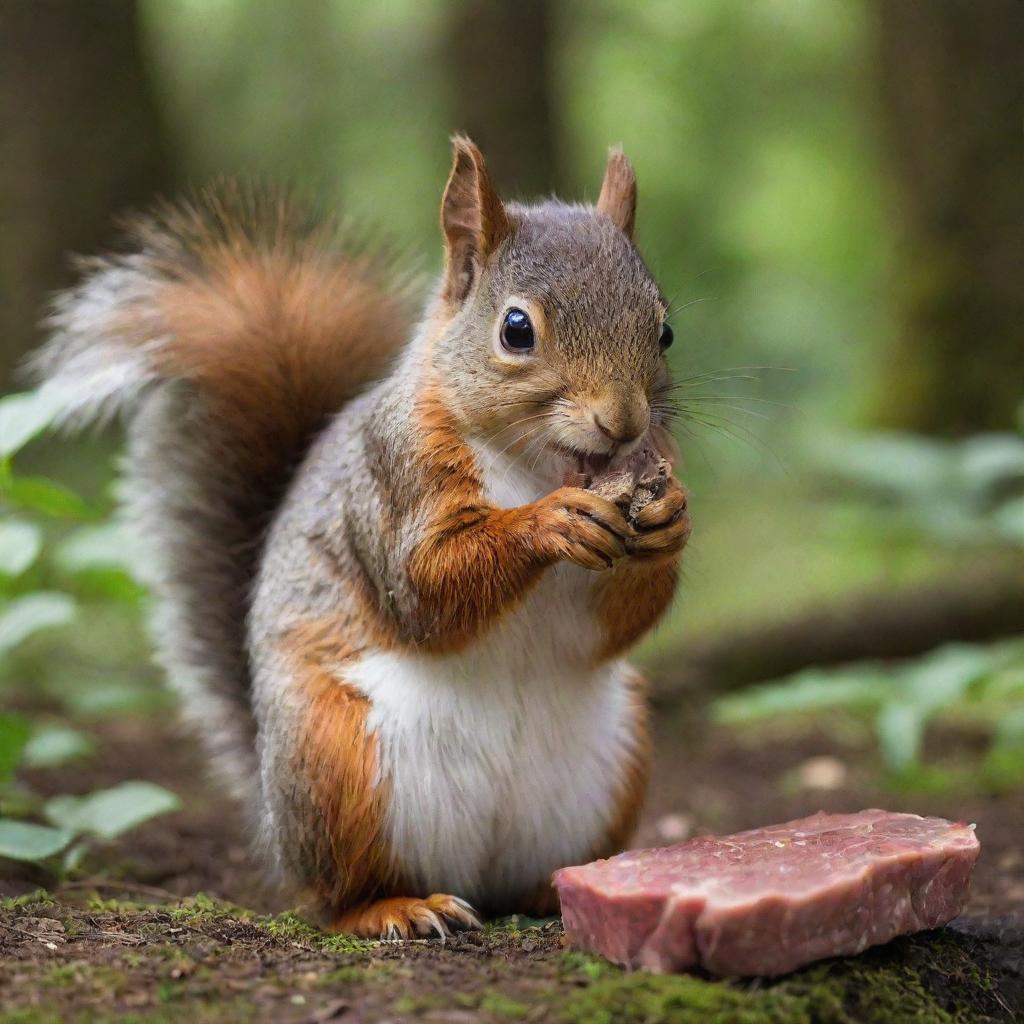 A cute, furry squirrel nibbling on a piece of meat in a lush, green forest setting