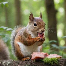 A cute, furry squirrel nibbling on a piece of meat in a lush, green forest setting