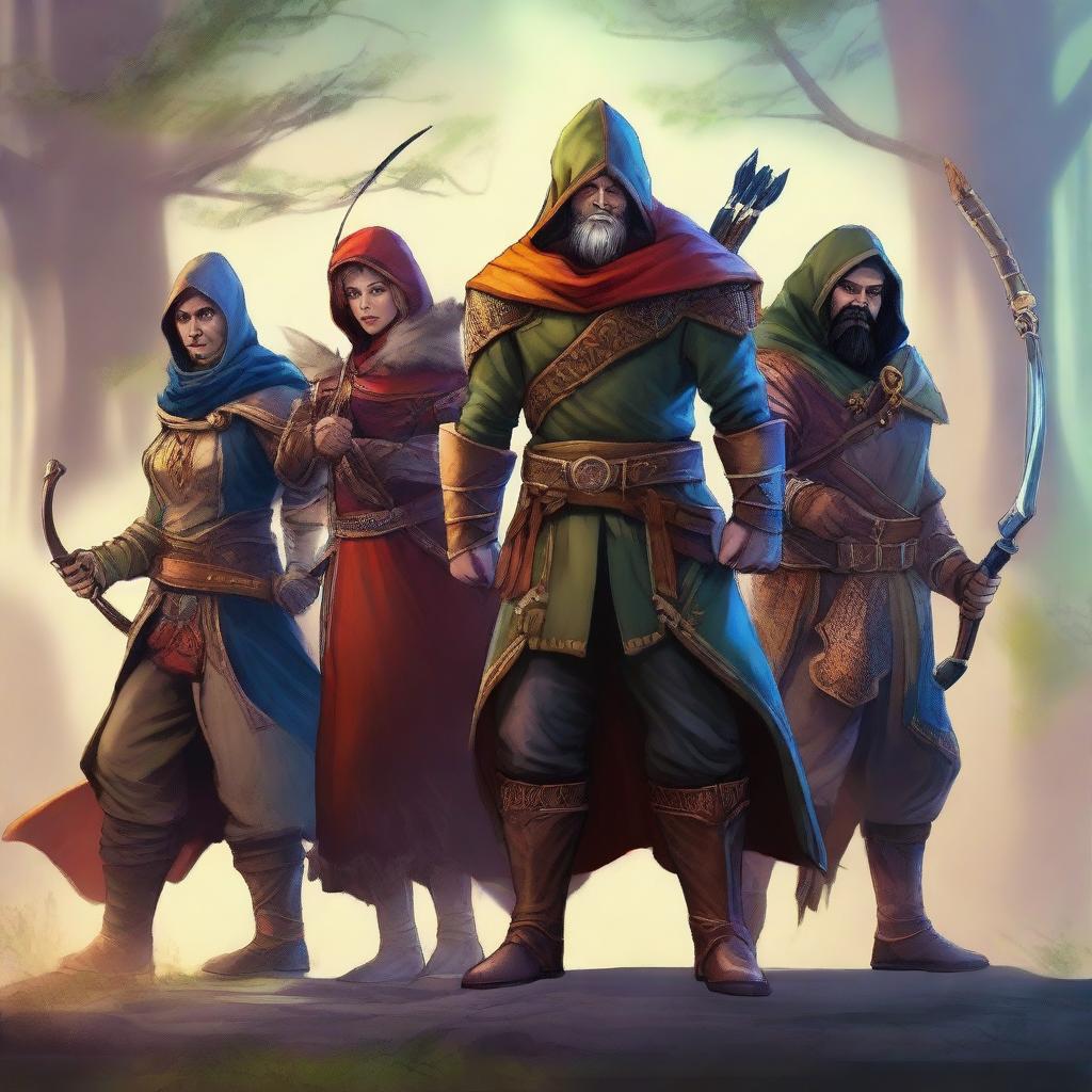 This is a striking digital art piece featuring a quintet of fantasy characters - an archer, a mage, a dwarf, a warrior, and a rogue