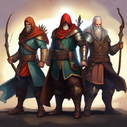 This is a striking digital art piece featuring a quintet of fantasy characters - an archer, a mage, a dwarf, a warrior, and a rogue