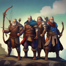 This is a striking digital art piece featuring a quintet of fantasy characters - an archer, a mage, a dwarf, a warrior, and a rogue