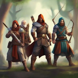 This is a striking digital art piece featuring a quintet of fantasy characters - an archer, a mage, a dwarf, a warrior, and a rogue