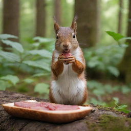 A cute, furry squirrel nibbling on a piece of meat in a lush, green forest setting