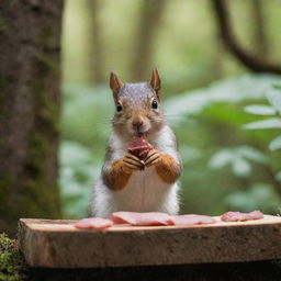 A cute, furry squirrel nibbling on a piece of meat in a lush, green forest setting