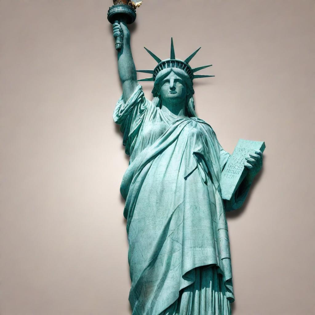 Create an image of the Statue of Liberty emerging artistically from the letters of the phrase 'USA Publishing House'.