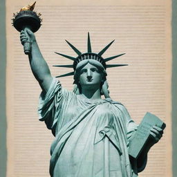 Create an image of the Statue of Liberty emerging artistically from the letters of the phrase 'USA Publishing House'.