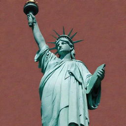 Create an image of the Statue of Liberty emerging artistically from the letters of the phrase 'USA Publishing House'.