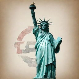 Create an image of the Statue of Liberty emerging artistically from the letters of the phrase 'USA Publishing House'.