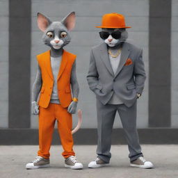 A stylish and modern depiction of Tom and Jerry from the famous cartoon, reimagined as confident hip-hop gangsters. Tom is towering and colored in shades of grey, while Jerry is smaller, spunky, and vibrantly orange.