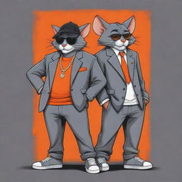 A stylish and modern depiction of Tom and Jerry from the famous cartoon, reimagined as confident hip-hop gangsters. Tom is towering and colored in shades of grey, while Jerry is smaller, spunky, and vibrantly orange.