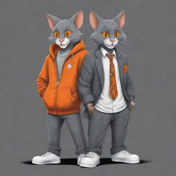 A stylish and modern depiction of Tom and Jerry from the famous cartoon, reimagined as confident hip-hop gangsters. Tom is towering and colored in shades of grey, while Jerry is smaller, spunky, and vibrantly orange.