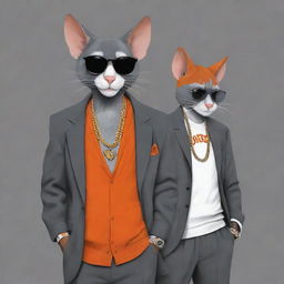 A stylish and modern depiction of Tom and Jerry from the famous cartoon, reimagined as confident hip-hop gangsters. Tom is towering and colored in shades of grey, while Jerry is smaller, spunky, and vibrantly orange.