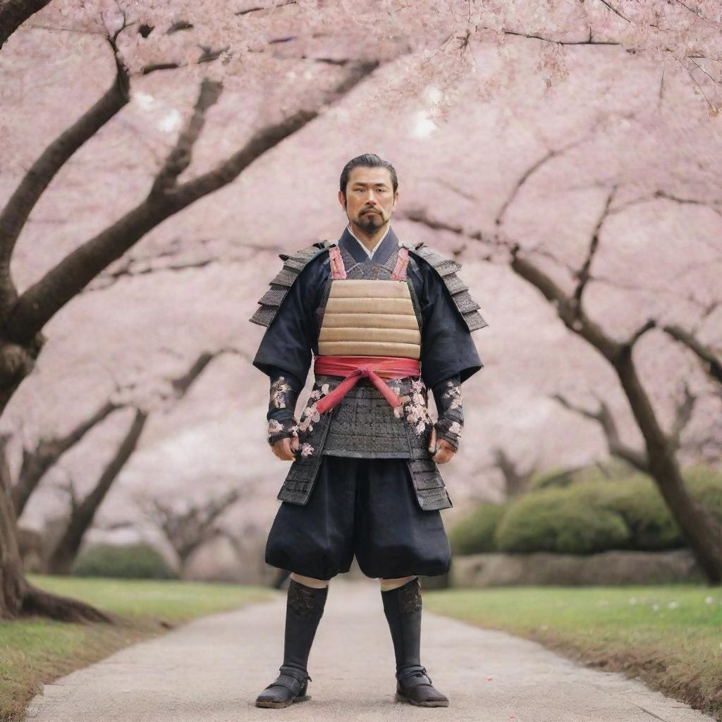 A stoic samurai in traditional armor, standing in a serene Japanese garden filled with cherry blossom trees