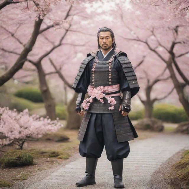 A stoic samurai in traditional armor, standing in a serene Japanese garden filled with cherry blossom trees