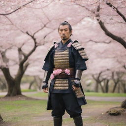 A stoic samurai in traditional armor, standing in a serene Japanese garden filled with cherry blossom trees