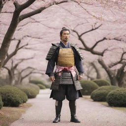 A stoic samurai in traditional armor, standing in a serene Japanese garden filled with cherry blossom trees