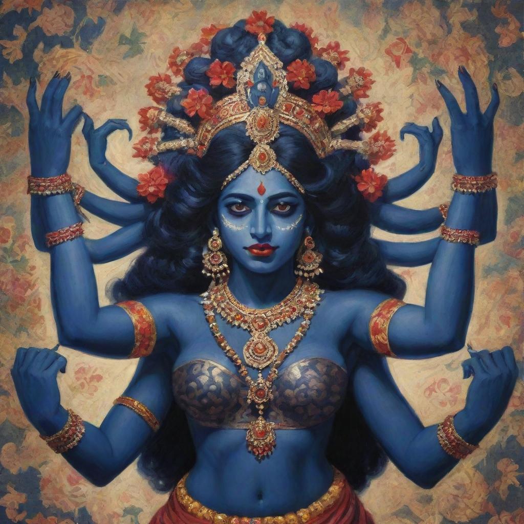 A youthful rendition of the Indian goddess Kali, with her traditional attributes: a fierce expression, multiple arms, dark blue skin, and a head garland of skulls, in an intricate and colorful Hindu art style.