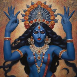 A youthful rendition of the Indian goddess Kali, with her traditional attributes: a fierce expression, multiple arms, dark blue skin, and a head garland of skulls, in an intricate and colorful Hindu art style.