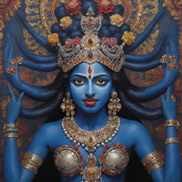 A youthful rendition of the Indian goddess Kali, with her traditional attributes: a fierce expression, multiple arms, dark blue skin, and a head garland of skulls, in an intricate and colorful Hindu art style.