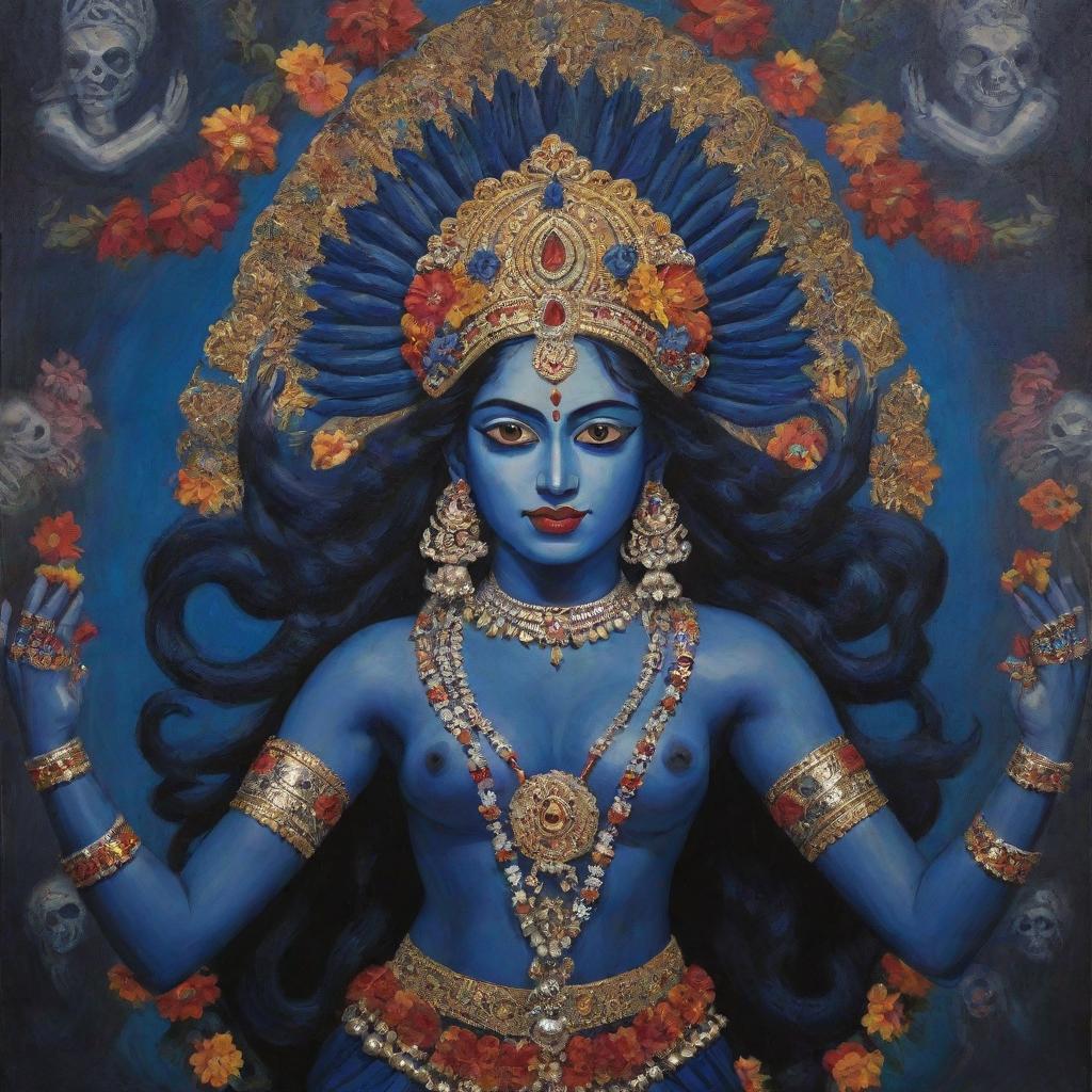 A youthful rendition of the Indian goddess Kali, with her traditional attributes: a fierce expression, multiple arms, dark blue skin, and a head garland of skulls, in an intricate and colorful Hindu art style.