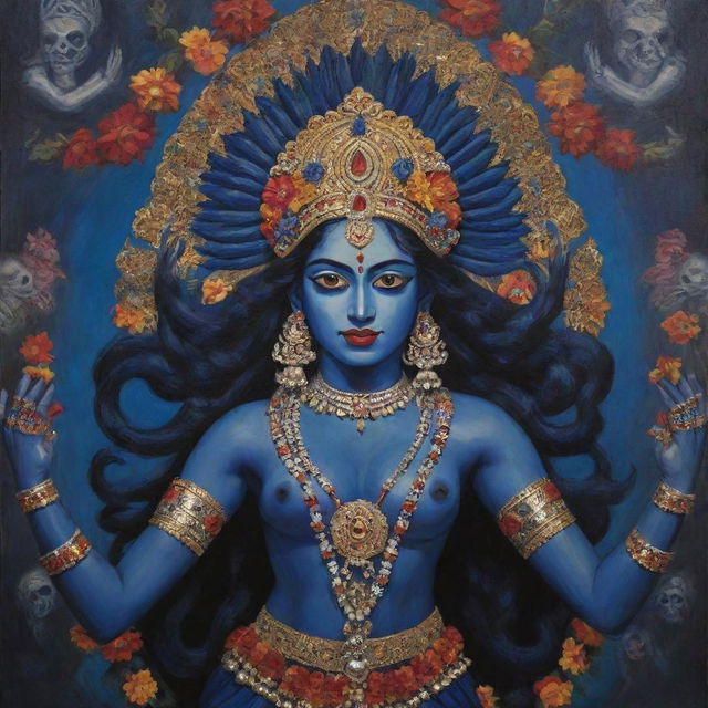 A youthful rendition of the Indian goddess Kali, with her traditional attributes: a fierce expression, multiple arms, dark blue skin, and a head garland of skulls, in an intricate and colorful Hindu art style.