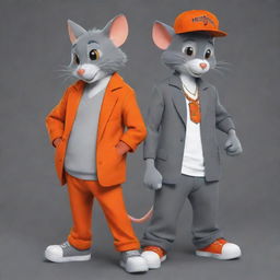 Reimagine Tom and Jerry, from the classic cartoon, as hip-hop gangsters. Depict Tom as tall and grey with a commanding presence, and Jerry as a smaller, vivacious character with an assertive in bright orange.