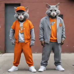 Reimagine Tom and Jerry, from the classic cartoon, as hip-hop gangsters. Depict Tom as tall and grey with a commanding presence, and Jerry as a smaller, vivacious character with an assertive in bright orange.