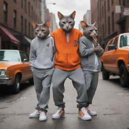 Reimagine Tom and Jerry, from the classic cartoon, as hip-hop gangsters. Depict Tom as tall and grey with a commanding presence, and Jerry as a smaller, vivacious character with an assertive in bright orange.