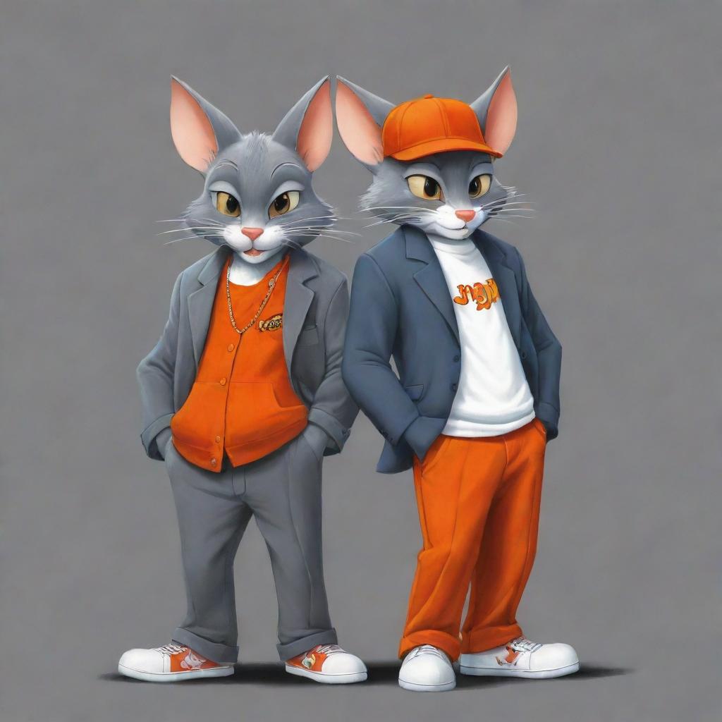 Reimagine Tom and Jerry, from the classic cartoon, as hip-hop gangsters. Depict Tom as tall and grey with a commanding presence, and Jerry as a smaller, vivacious character with an assertive in bright orange.