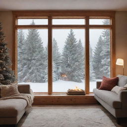 A loving family cozied up in a warm room with crackling fireplace, surrounded by a classic Canadian environment with picturesque snow and pine trees visible through a window.