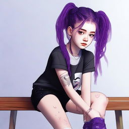 A highly detailed, realistic digital art image of an 18-year-old woman with vibrant purple hair