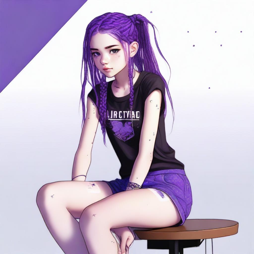 A highly detailed, realistic digital art image of an 18-year-old woman with vibrant purple hair