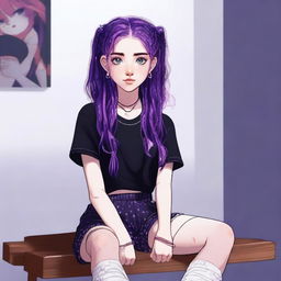 A highly detailed, realistic digital art image of an 18-year-old woman with vibrant purple hair