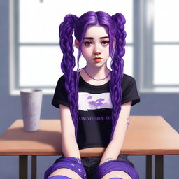 A highly detailed, realistic digital art image of an 18-year-old woman with vibrant purple hair