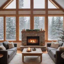 A loving family cozied up in a warm room with crackling fireplace, surrounded by a classic Canadian environment with picturesque snow and pine trees visible through a window.