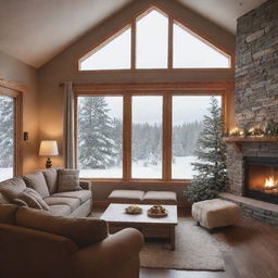 A loving family cozied up in a warm room with crackling fireplace, surrounded by a classic Canadian environment with picturesque snow and pine trees visible through a window.