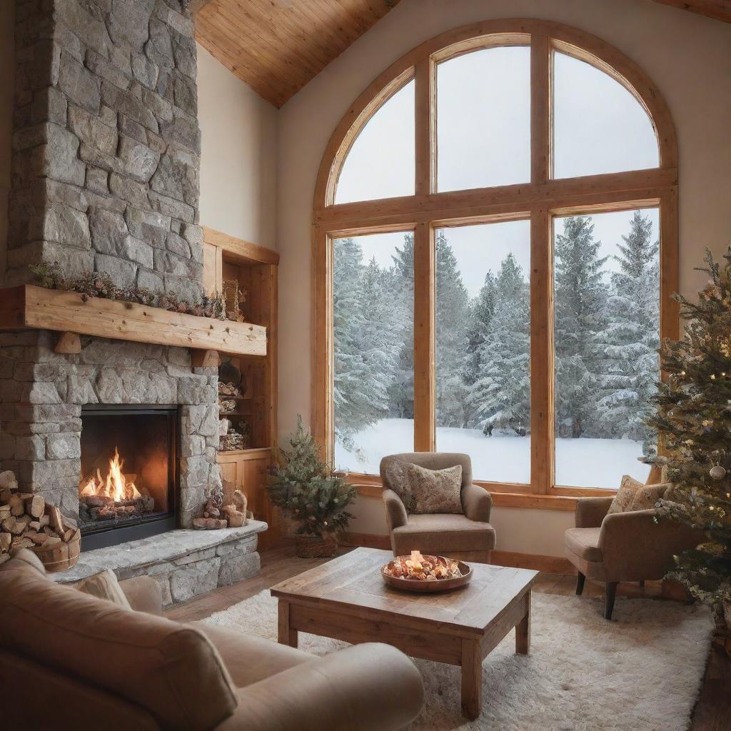 A loving family cozied up in a warm room with crackling fireplace, surrounded by a classic Canadian environment with picturesque snow and pine trees visible through a window.